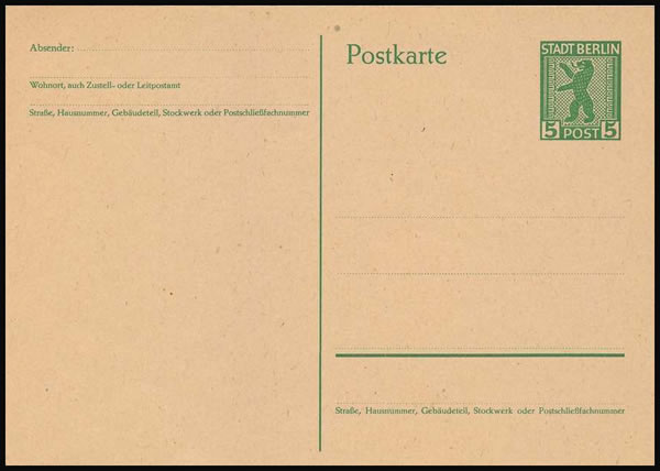 Entier carte postale 5Pf Ours de berlin sans cercles pour le code postal