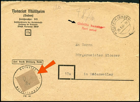Enveloppe préimprimée dont l'aigle nazi est recouvert d'un cache collé