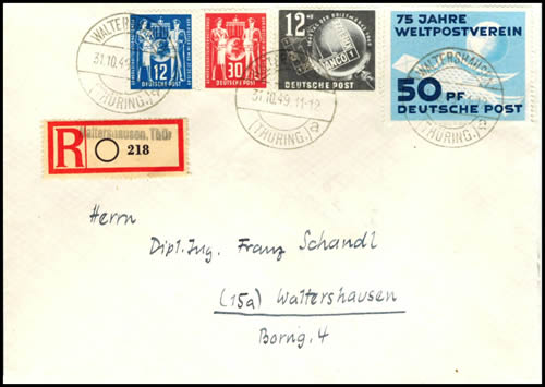 Premiers timbres de RDA sur lettre recommandée