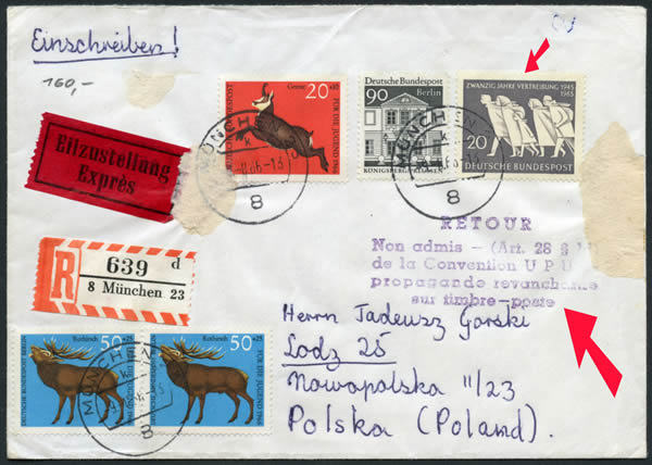 Lettre pour la Pologne avec timbre des personnes déplacées