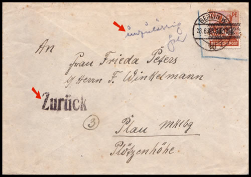 Lettre avec timbre Posthorn retournée à l'envoyeur