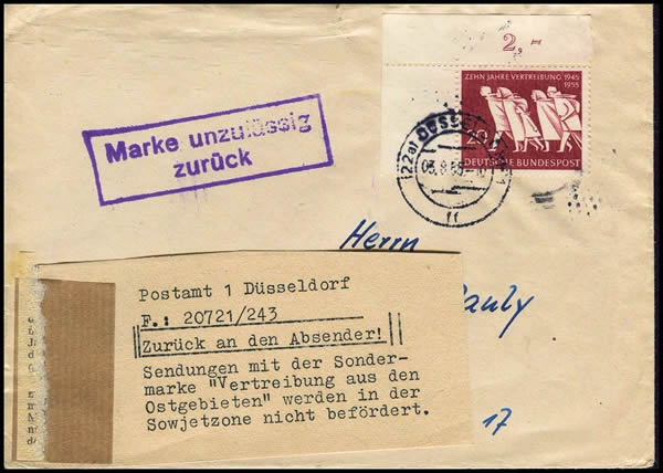 Lettre avec timbres "réfugiés" refoulée