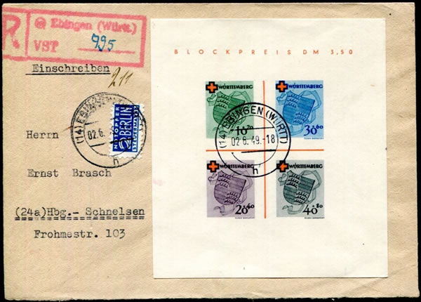 Bloc Croix-rouge sur lettre avec timbre fiscal pour Berlin