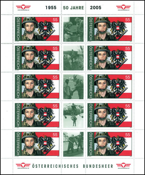 feuille du timbre célébrant les 50 ans de l'Armée autrichienne