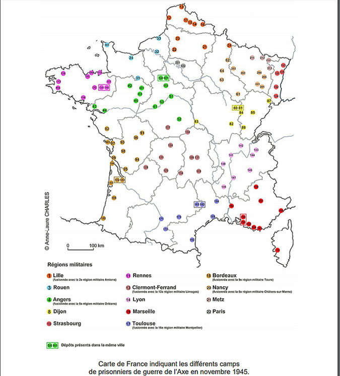 Carte des camps de Prisonniers de guerre de l'Axe en  métropole