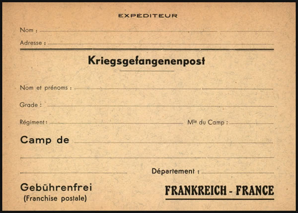 Carte postale pour écrire à un prisonnier de gauelle allemand en France