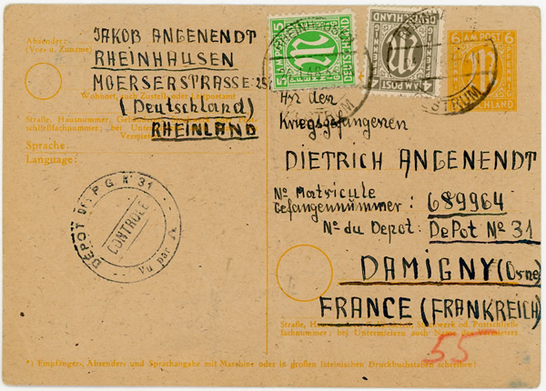 Entier postal allemand type AM Post  pour un prisonnier de l'Axe à Damigny (Orne)