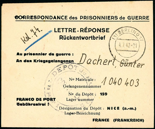Lettre réponse avec adresse pré-imprimée Nice 1947
