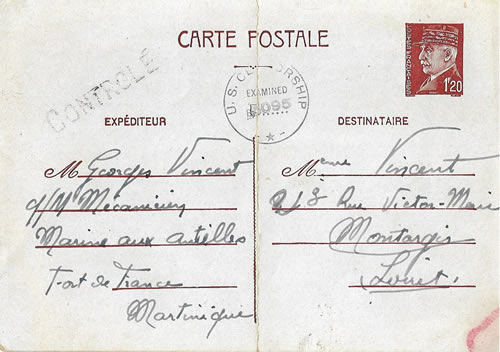 Carte interzones Pétain 1F20 utilisée à la Martinique