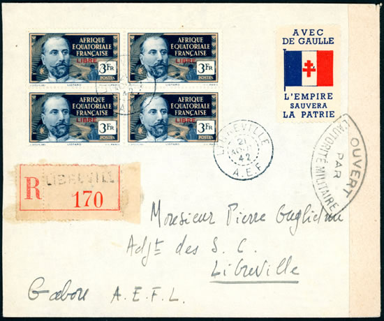 Vignette de Gaulle sur courrier recommandé de Libreville