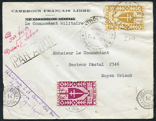 lettre à entêt Cameroun Français libre et timbres France Libre pour le Moyen-Orient