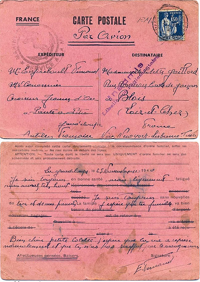 Carte postale interzones s utilisée par un marin de la Jeanne d'Arc en Guadeloupe