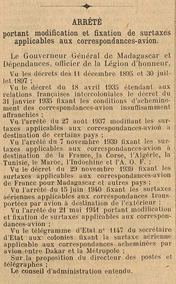Modification du 27 juin 1941 des surtaxes aériennes au départ de Madagascar