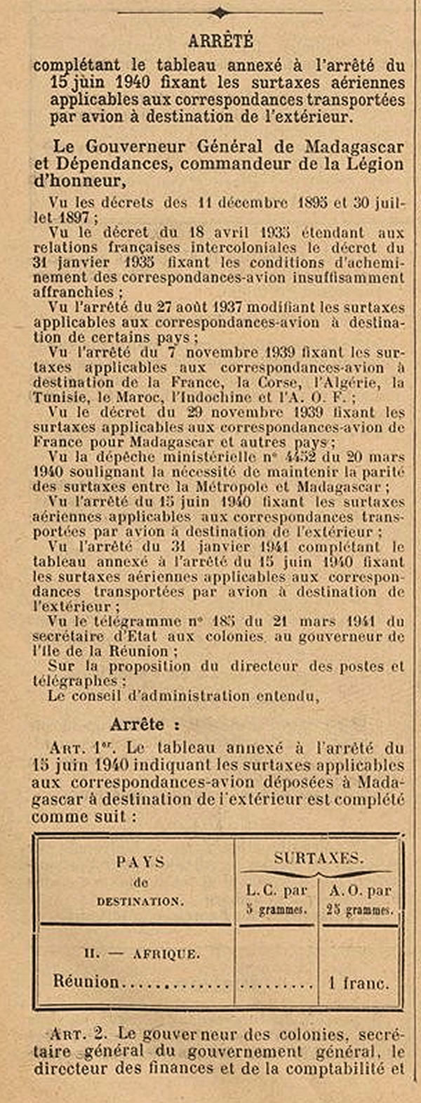 surtaxe aérienne Madagascar Réunion avril 1941