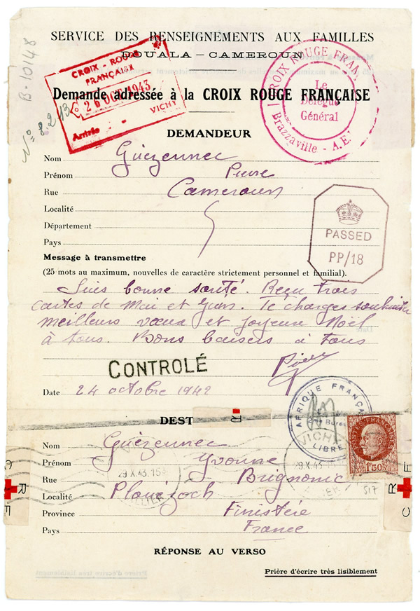 Message Croix-Rouge du Cameroun pour le Finistère octobre 1942 class=