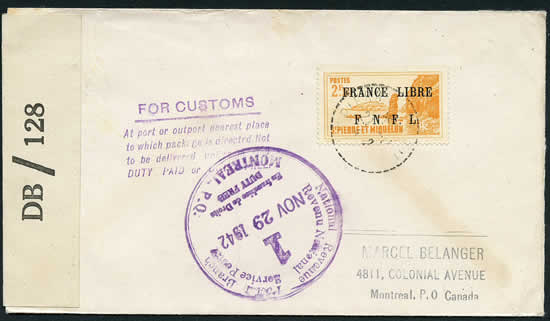 Lettre de Saint-Pierre pour Montreal avec censure et cachet de douane