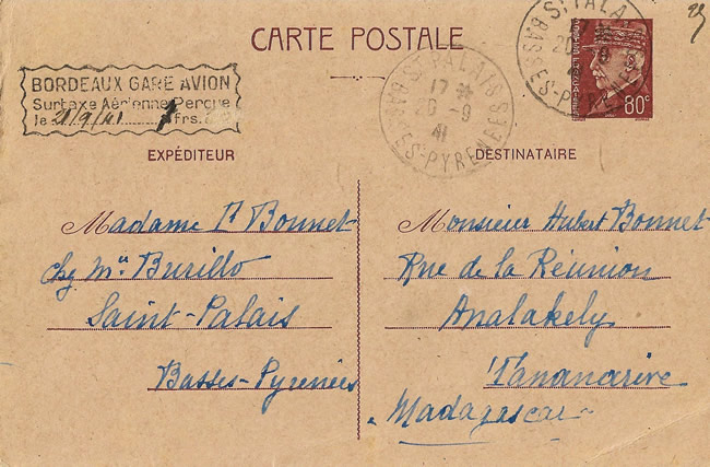 Carte interzone par avion pour Madagascar avec surtaxe de 7F