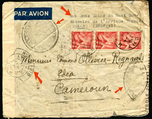 Lettre de Vichy pour le Cameroun via le dahomey