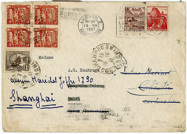 Lettre de Lucerne (Suisse) pour Dalat réexpédiée à Shanghai 1941