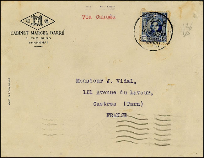 Lettre de Shaghai pour la France via Vancouver sep 38