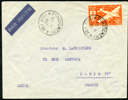 lettre Pondichery pour la France affranchie 4fa oblitére Pondichery type B1