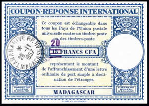 CRI Madagascar surcharge tampon 20 sur 15 F CFA