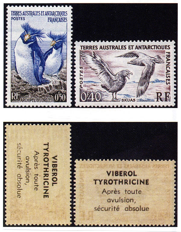 Publicité pharmaceutique sur gomme de timbres des TAAF