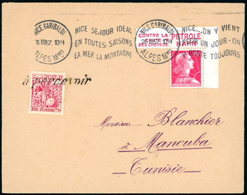 Lettre de France taxée à l'arrivée 1957