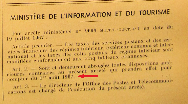 tarif postaux Sénégal 1er août 1967