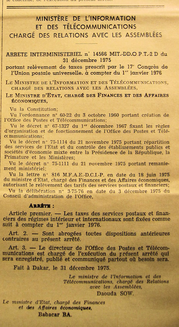 Tarifs intérieur et internationaux Sénégal 1er janvier 1976