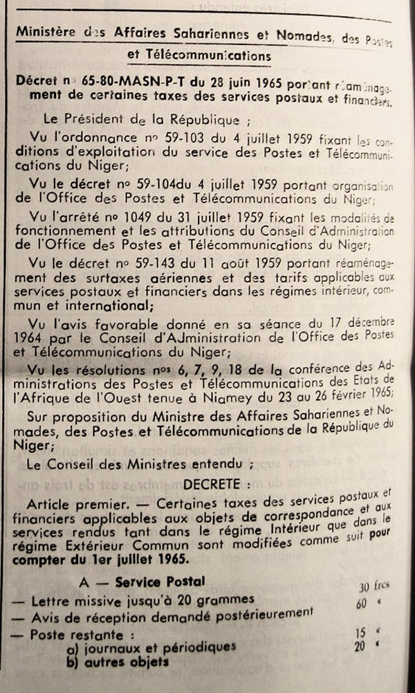 Tarifs postaux au départ du Niger régime interieur et extérieur commun 1er juillet 1965