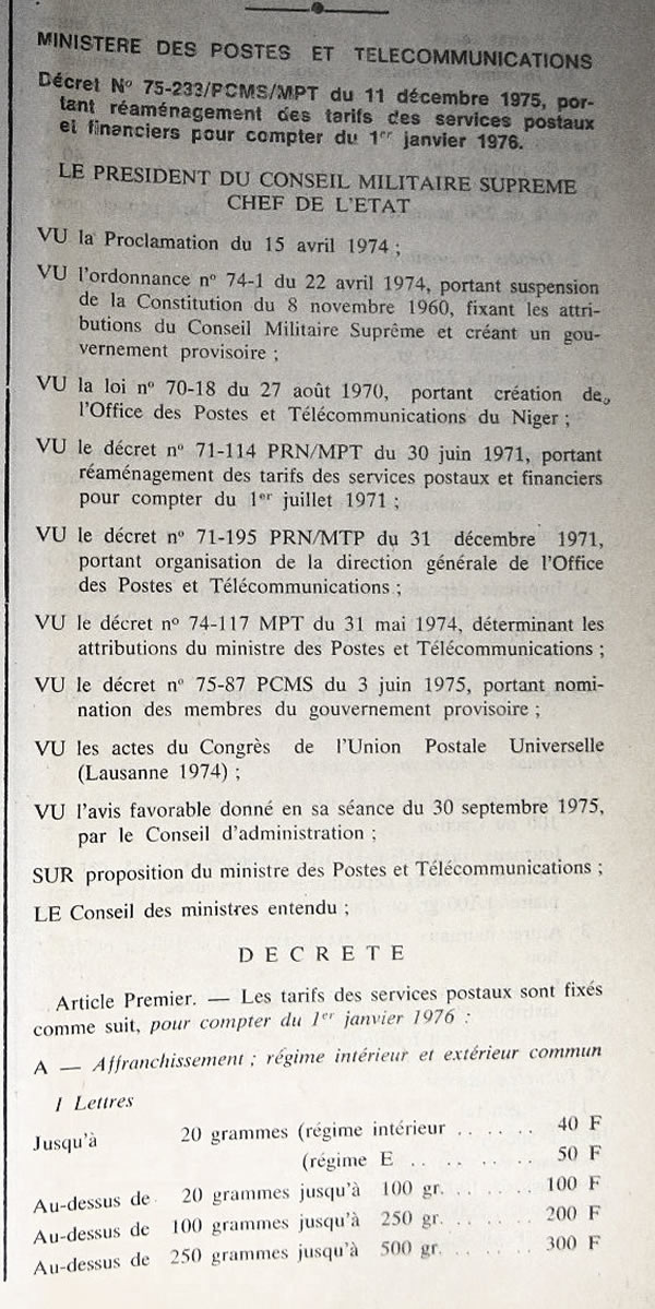 tarifs postaux du Niger régimes intérieur et régime commun 1er janvier 1976