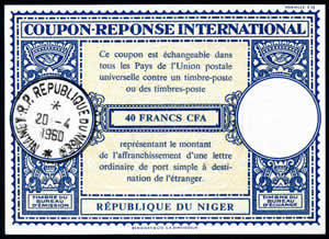 Coupon-réponse international REPUBLIQUE DU NIGER 40 FCFA Lo 16n