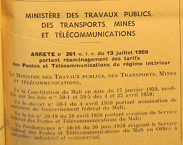 Tarif postal de la Fédération du Mali