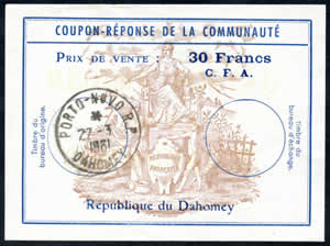 Coupon-réponse Communauté 30 FCFA république du Dahomey