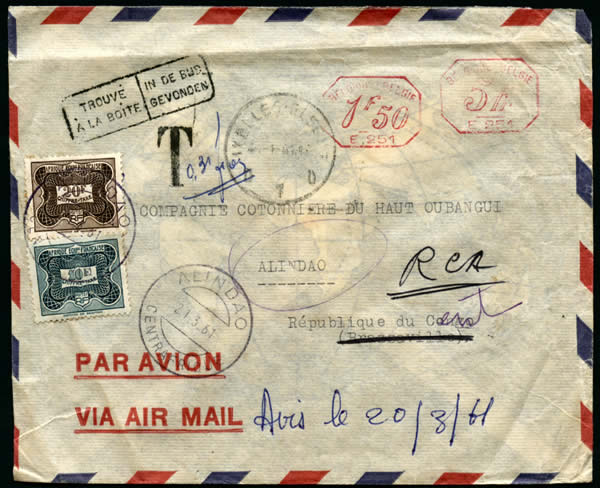 Lettre taxée en Centrafrique en 1961