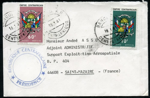 Lettre affranchie en timbres de service de l'Empire Centrafricain
