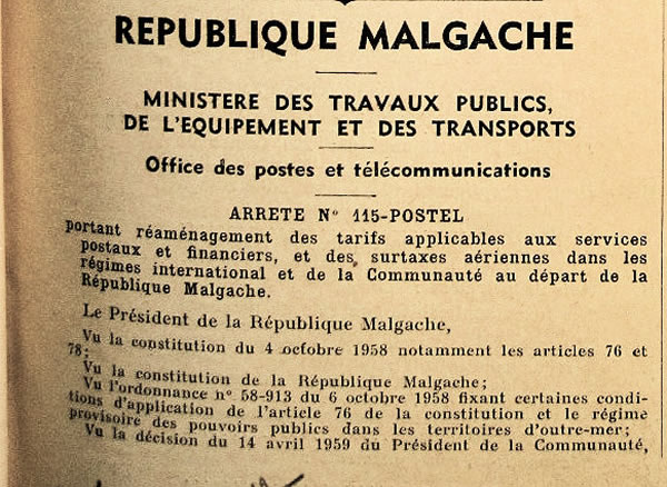 tarifs postaux  et surtaxes postales aériennes du régime international à Madagascar