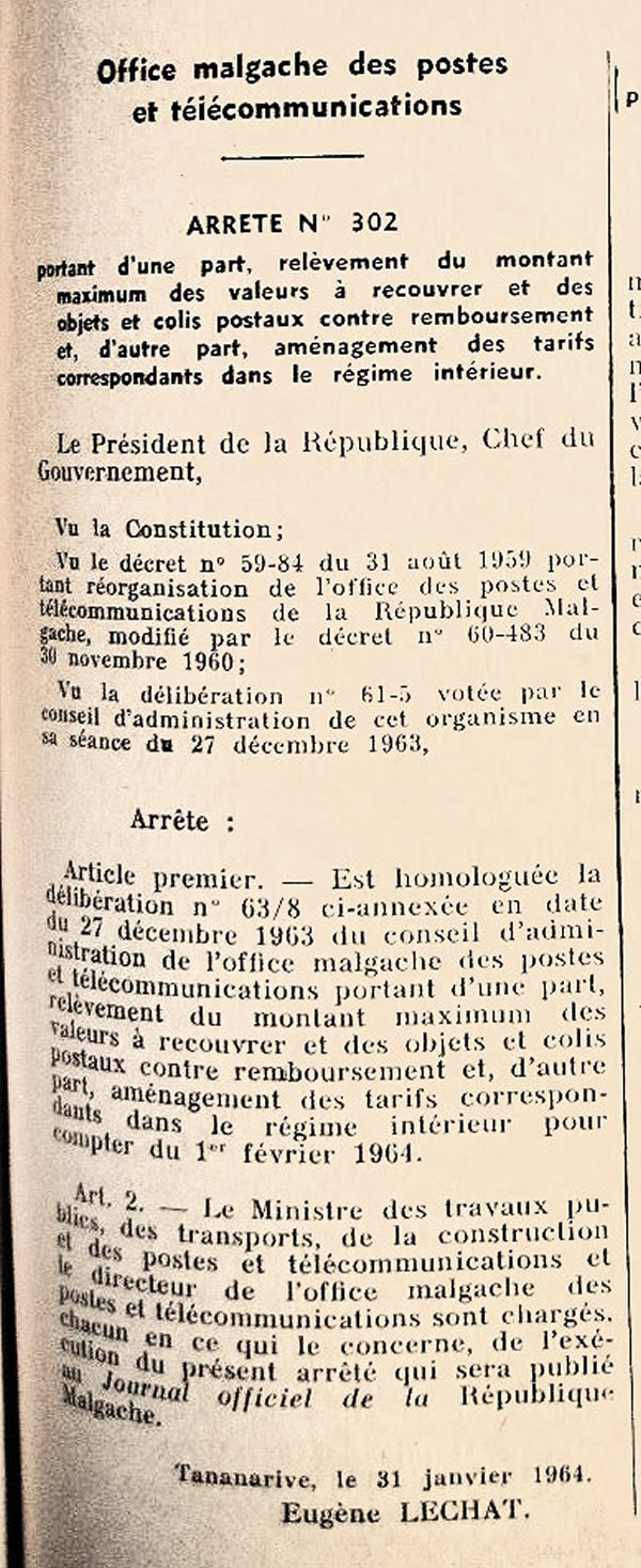 tarif postal contre-remboursement et valeurs à recouvrer Madagascar régime intérieur 31 janvier 1964