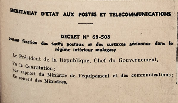 Tarifs postaux intérieurs de Madagascar 1er décembre 1968