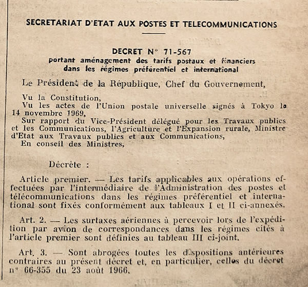 Tarifs postaux du régime préférentiel et du régime international ainsi que les surtaxes postales au départ de Madagascar 1er janvier  1972