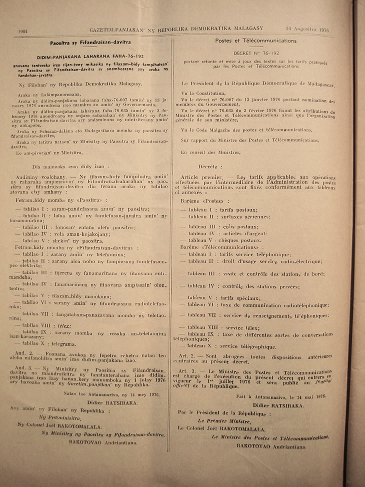 tarifs interieur, international et surtaxes postales aériennes 1er juillet  1976