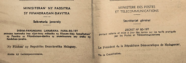 Tarifs postaux régimes intérieur et international ainsi que les surtaxes postales aériennes au départ de Madagascar 1er septembre 1980