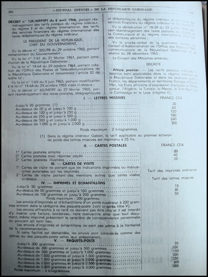 tarif postal du Gabon 1er mars 1966 page 1