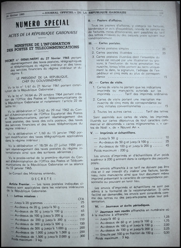 Tarif postal du Gabon du 26 septembre 1966 tarif intérieur page 1