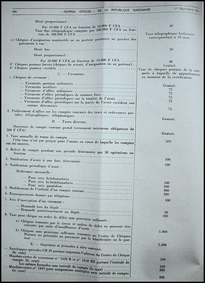 Tarif postal de l'Office des Postes et Télécommunications du Gabon du 1/7/71 page 11