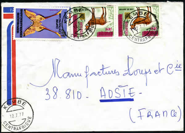 Timbres Empire Centrafricain sur lettre