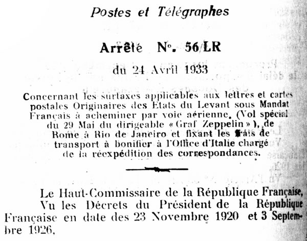 Tarifs postaux du Levant 24 avril 1933 vol Zeppelin