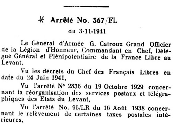 tarif postal international au départ du Levant novembre 1941