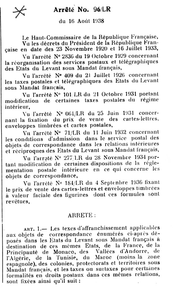 Tarif interieur franco colonial au départde Levant français juillet 1938